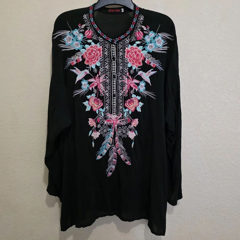 Johnny Was Embroidered Tunic Top Cupra Rayon Floral Hummingbird Feathers L - Picture 1 of 6